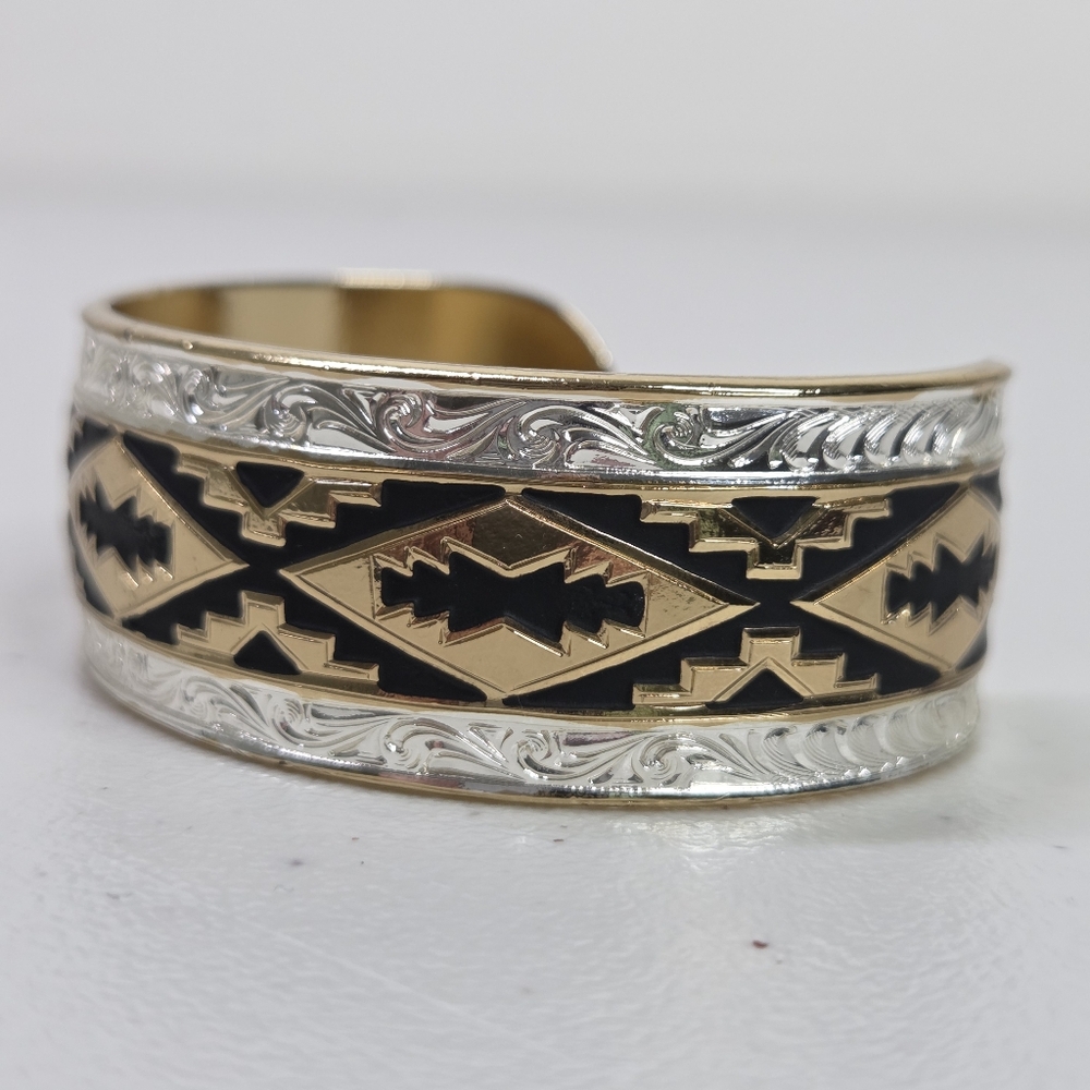 Montana Silversmiths Silver/ Gold Aztec Southwestern Wide Cuff Bracelet Cuff - Picture 6 of 16